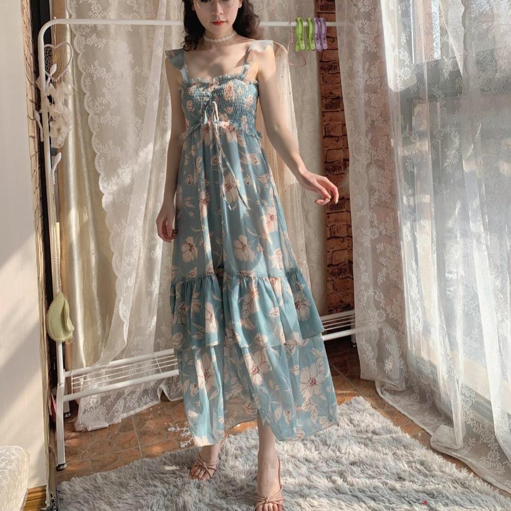 summer dress floral print spaghetii straps ruffles young style sweet beach green long 210421