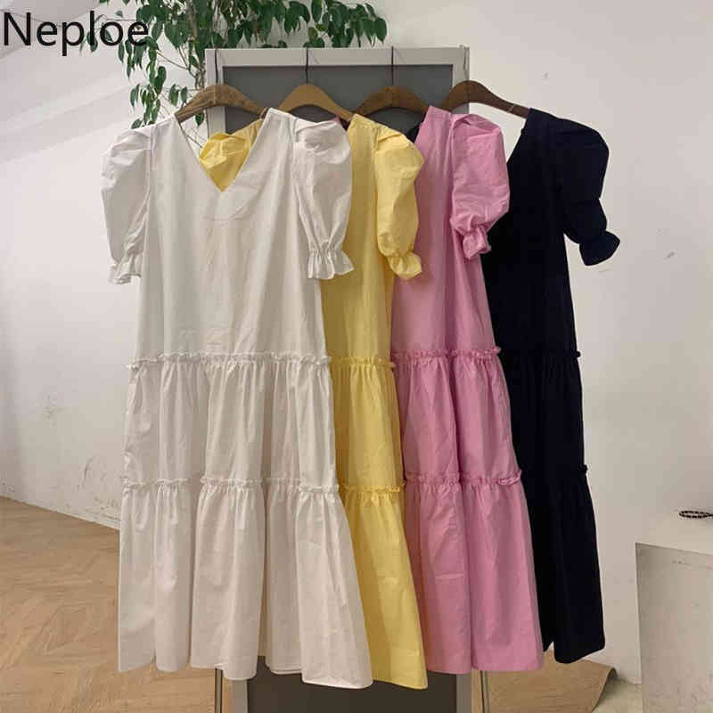 Neploe Fashion Ruffle Dress Women Puff Sleeve V Neck Casual Summer Vestidos Mujer Korean Patchwork Pleated Plus Size Dresses 210422