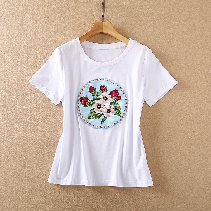 European and American women's wear for spring 2021 Fashion T-shirt with short sleeves, floral print and beaded, White
European and American women's wear for spring 2021 Fashion T-shirt with short sleeves, floral print and beaded, White