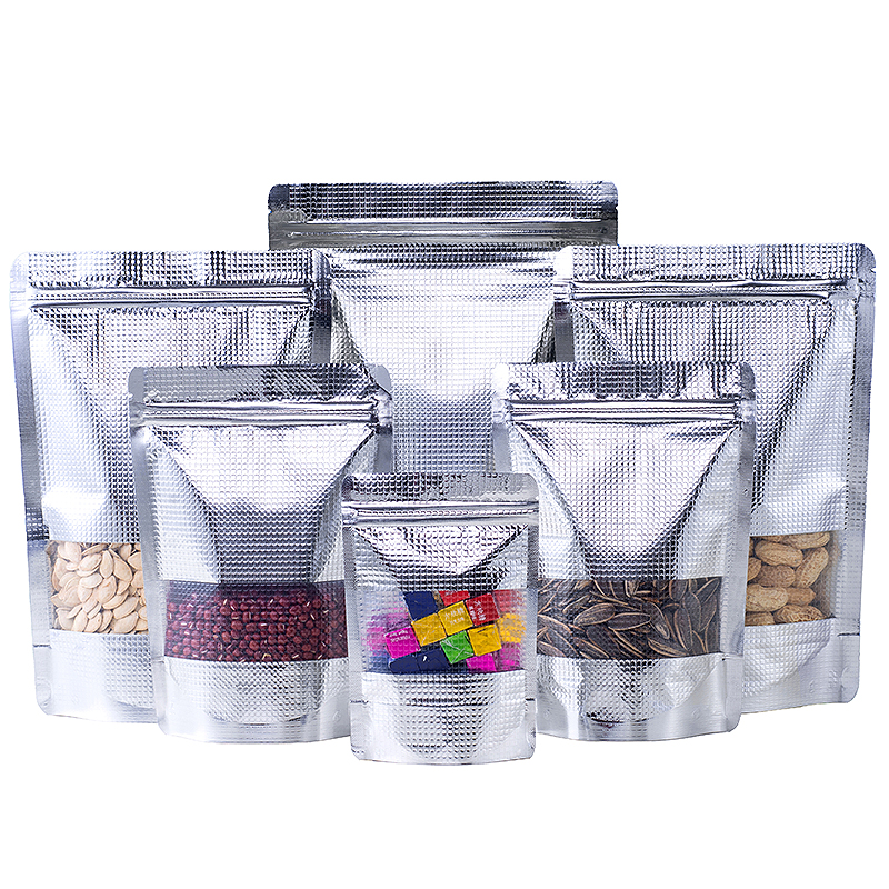 100pcs Stand up Embossed Silver Aluminum Foil Window Zip Lock Bag Resealable Visiable Display Food Snack Coffee Meat Dried Fruits Nuts Beans Packaging