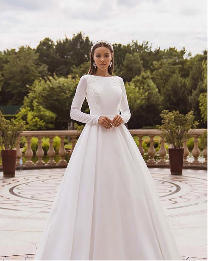 Elegant Satin Wedding Dresses Long Sleeve Lace Bride Gown Muslim Wedding Gown Covered Back Vestido de novia 2021
