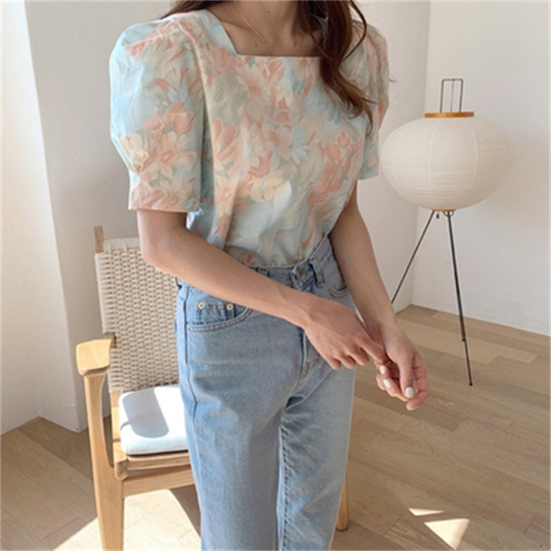 Abstract Printed Square Collar Korean Blouses Tops Women Puff Sleeve Elegant Fashion Shirts Fresh Chic Vintage Ladies Blusa 210514