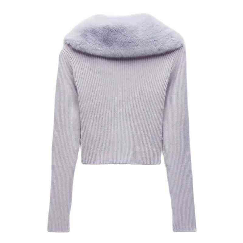 BBWM Women Sweet Fur Collar Splicing Knitting Sweater Female Lace Long Sleeve Cardigan Chic Top 211117
