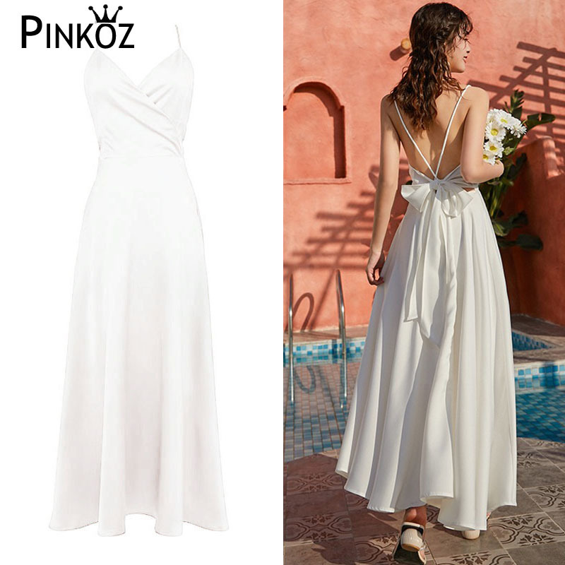 beach dress for summer white satin women lady sexy backless bow tie lace up spaghetti strap midi dresses vestidos party 210421