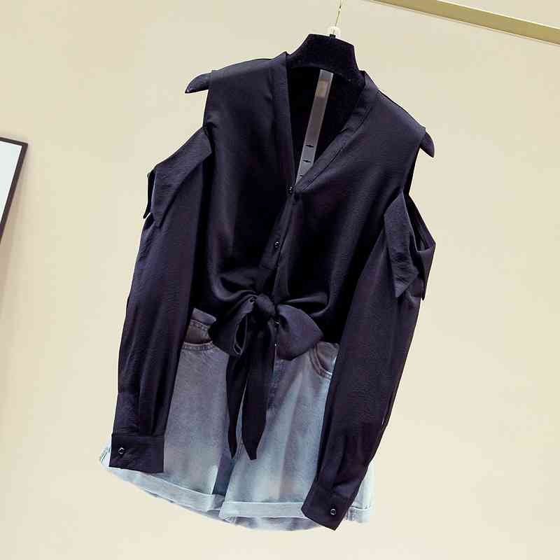 Long Sleeve Chiffon Shirt Solid Black Off-shoulder Blouse Women Autumn Lace-up Waist Tops Bow Tie Cardigan Shirts 11593 210508