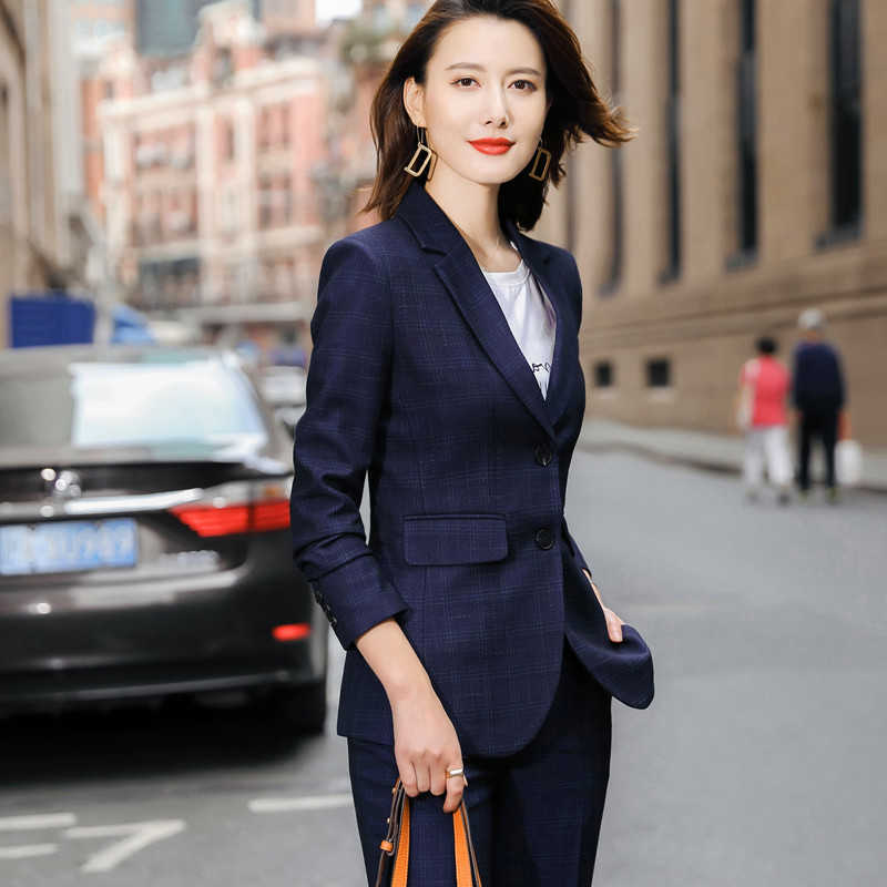 Navy Blue Plaid Suit Higt Eed Formal Interview Business Slim Blazer And Pants Office Ladies Fashion Work Wear Black 210604