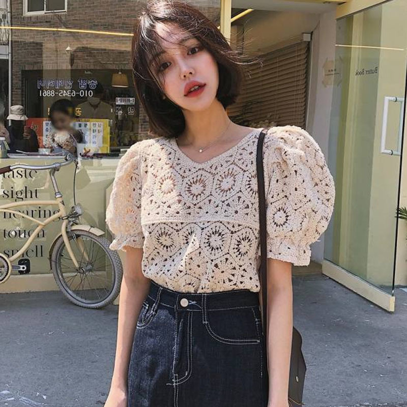 Korean Fashion Clothing Vintage Summer Tops Women Puff Sleeve Hollow Out Shirt Female Retro Perspective Lace Blouse 9591 210506