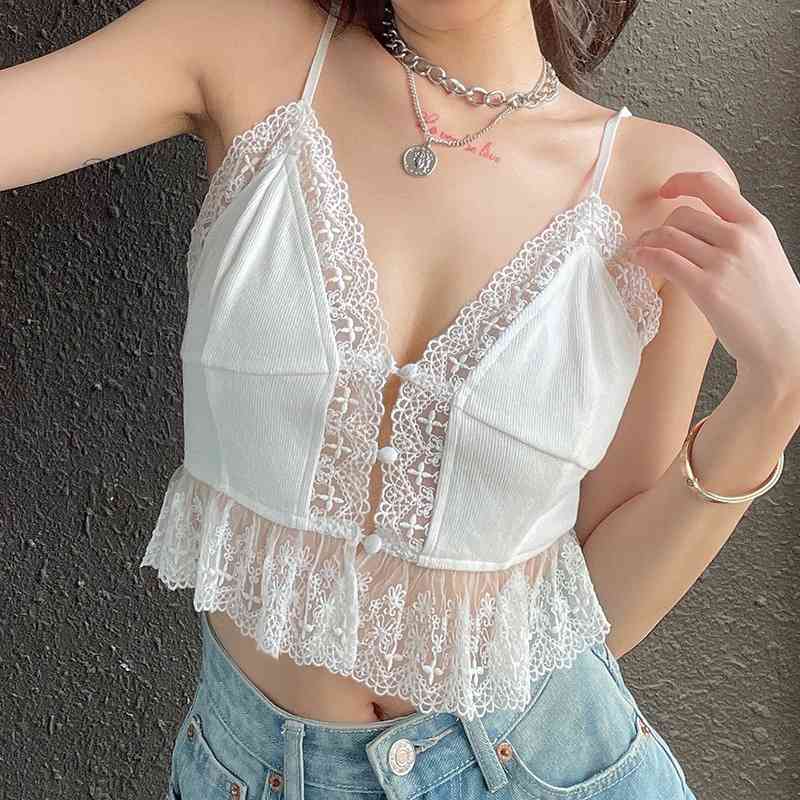 Summer slim sling shirt women's pure style white V-neck lace stitching small waistcoat women y2k top crop tops 210602
Summer slim sling shirt women's pure style white V-neck lace stitching small waistcoat women y2k top crop tops 210602