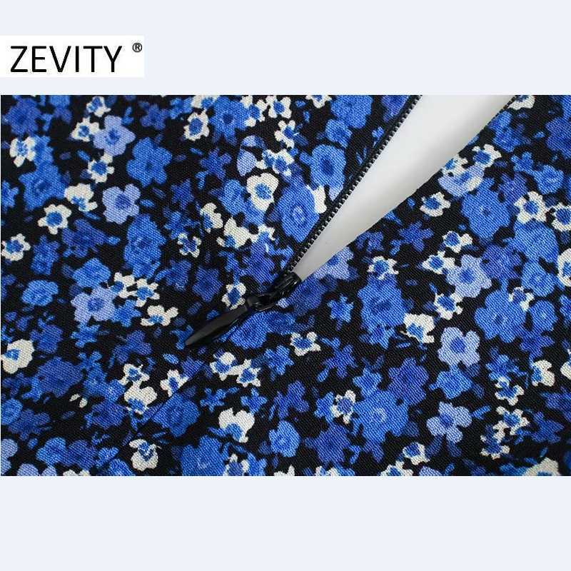 ZEVITY Women Vintage V Neck Flower Print Pleated Shirtdress Ladies Long Sleeve Back Zipper Vestido Chic Split Dresses DS4516 210603