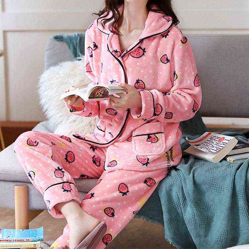 ZITY Winter Pajamas Set Women Sleepwear Warm Flannel Long Sleeves Pajamas Pink Cute Animal Homewear Thick Home Suit 211109
