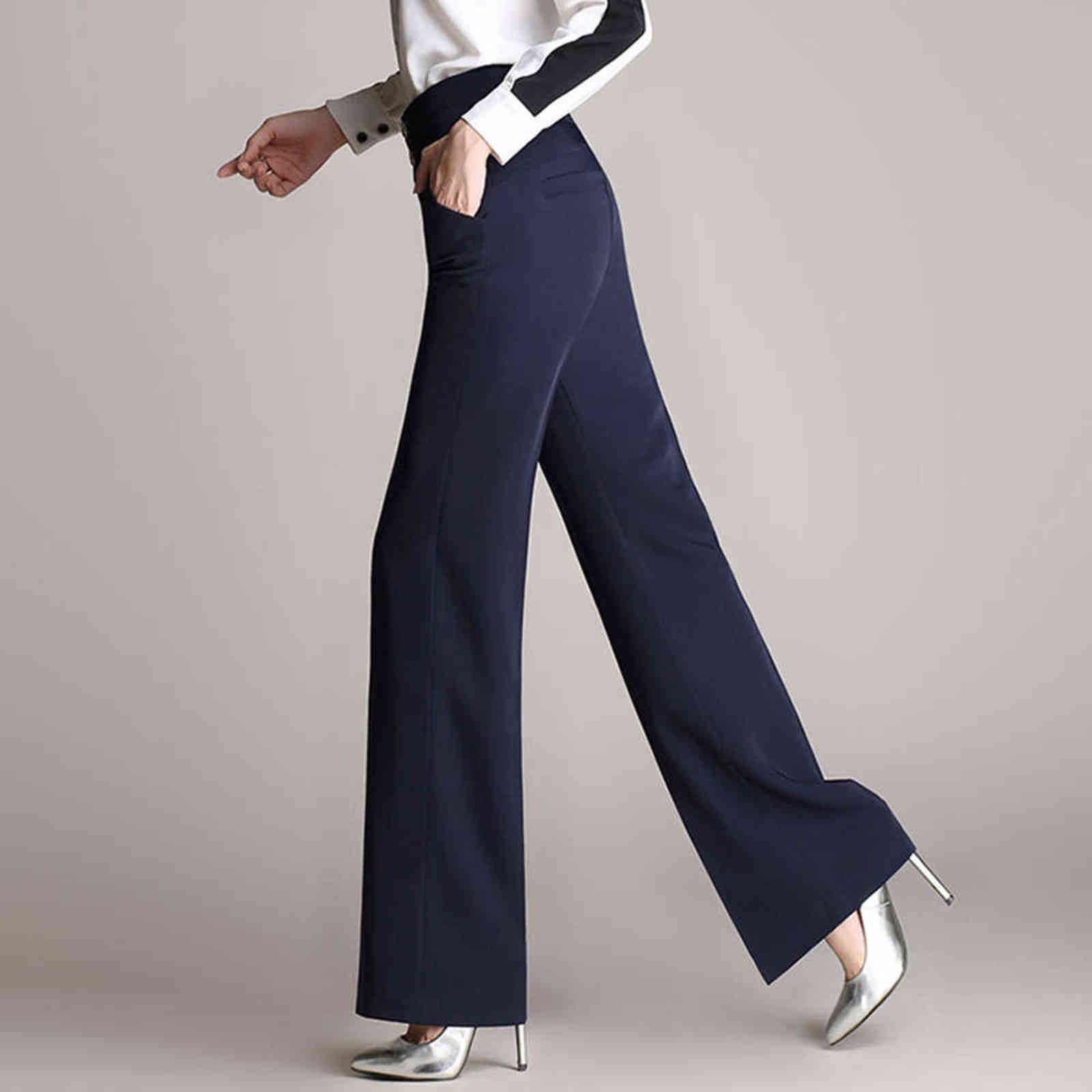 Arrivel Women High Waist Long Trousers Vintage Wide Leg Pants Elegant Office Lady Straight Black Navy Suit 211124
