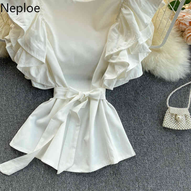Neploe Women's Blouse Korean Summer Fashion O Neck White blouses High Street Ruffles Sleeveless Lace-up Slim Waist Chiffon tops 210422