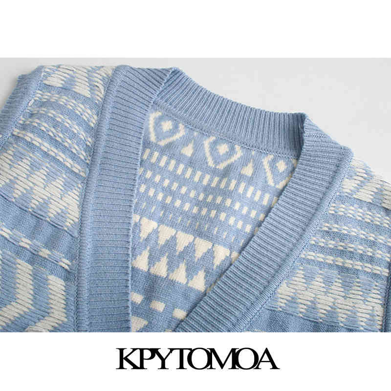Women Fashion Geometric Pattern Knitted Vest Sweater V Neck Sleeveless Female Waistcoat Chic Tops 210420