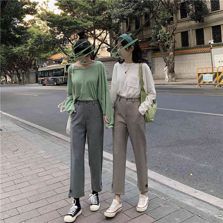 Plaid Women Harem Autumn High Waist Pockets Button Fly Fashion Ladies Ankle-Length Pants Casual Bottoms B06804K 210416