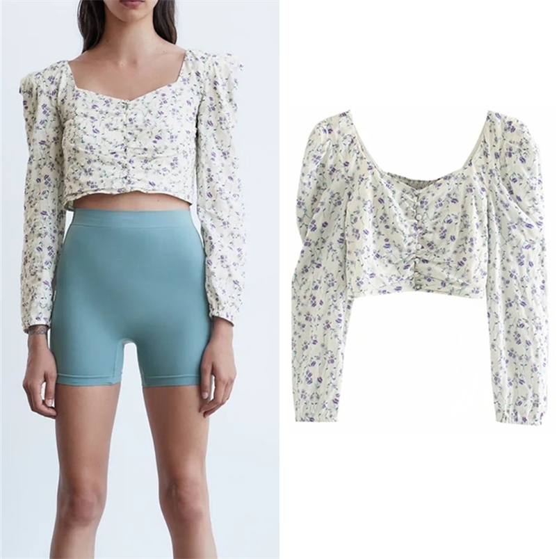 Floral Print Crop Top Women Fashion V-neck Button Long Puffy Sleeves Woman Elastic Back Casual Laddies Blouse 210519
Floral Print Crop Top Women Fashion V-neck Button Long Puffy Sleeves Woman Elastic Back Casual Laddies Blouse 210519