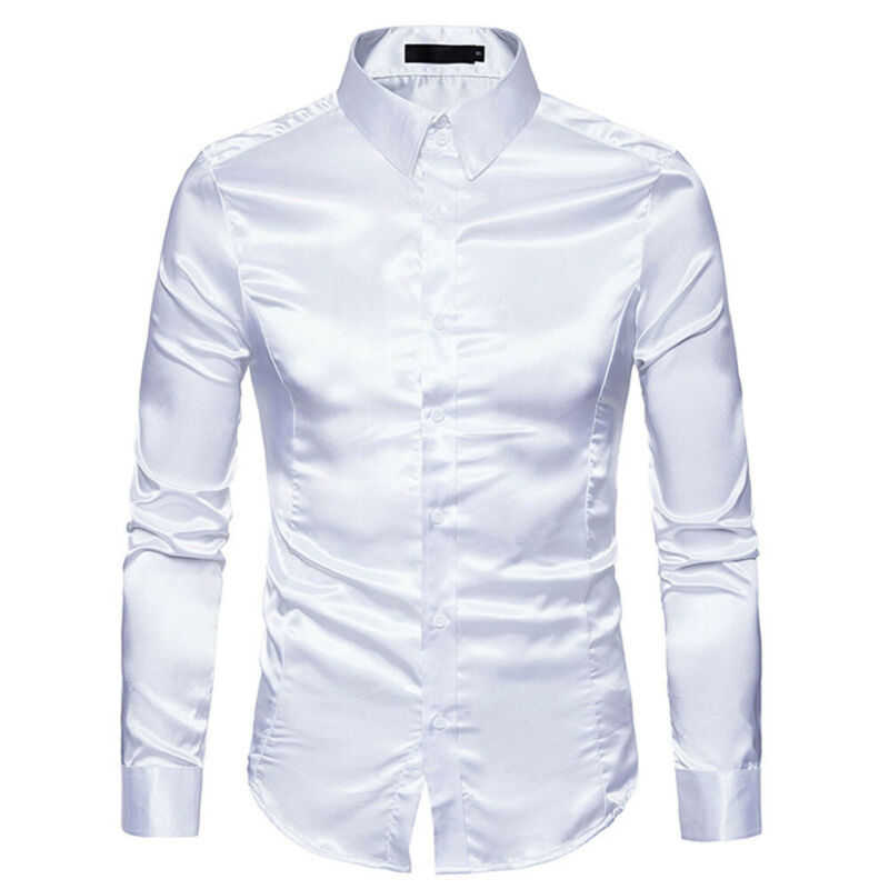 Silk Shirt Men Satin Smooth Men Solid Tuxedo Business Shirt For Men Casual Slim Fit Shiny Gold Wedding Dress Shirts 210708
