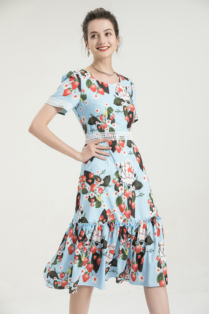 Women's Runway Dresses Square Neckline Short Sleeves Printed Embroidery Patchwork Elegant Autumn Dress