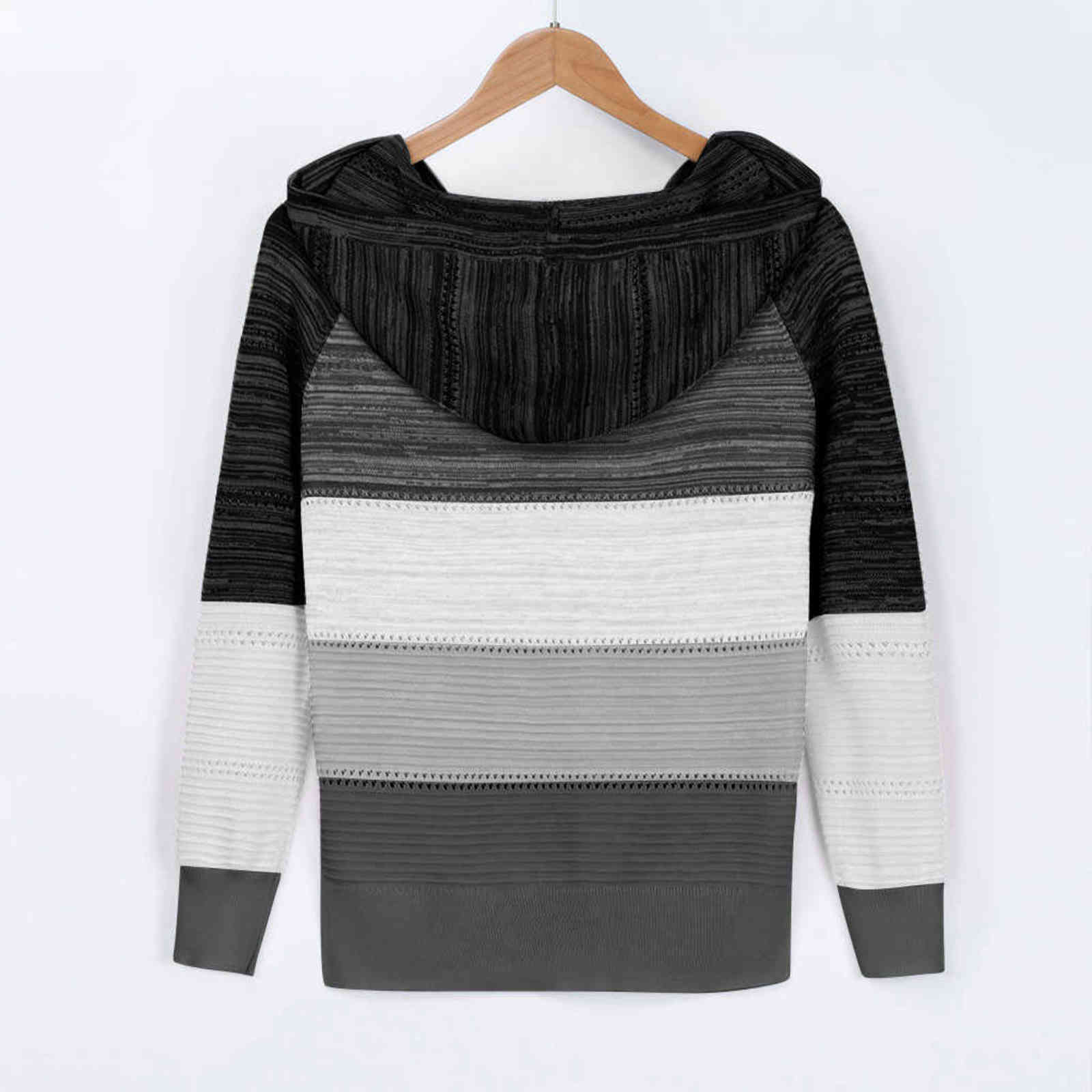 Autumn Women Patchwork Hooded Sweater Long Sleeve V-neck Knitted Sweater Casual Striped Pullover Jumpers Female Hoodies 211109
