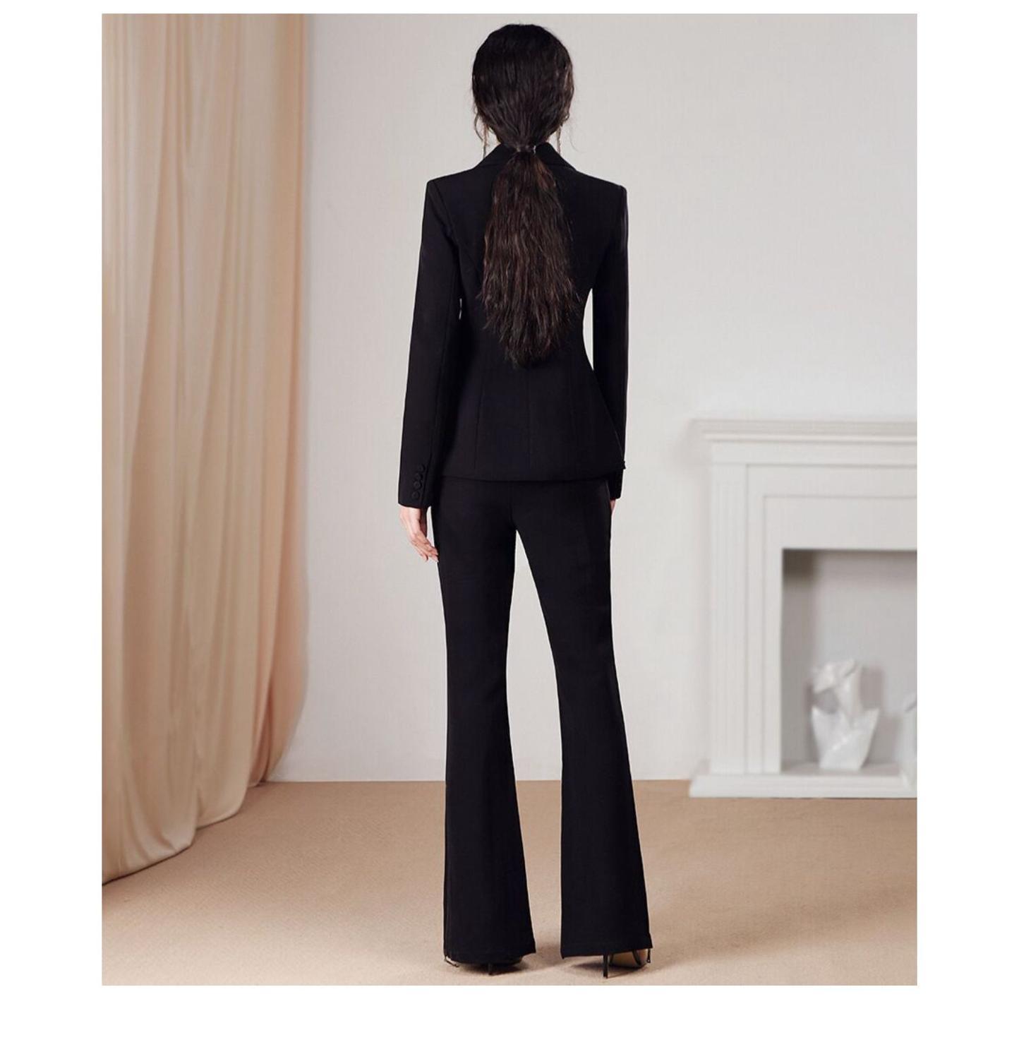 Fashion Business Pant 2 Two Pieces Office Formal Double Breasted Jacket and OL Long Pant Black Blazer Set Women Suits 210518