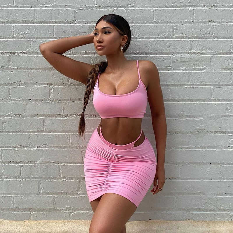 Colysmo Tie Dye Two Piece Set Women Summer Sexy Pink Sleeveless Crop Top Cut Out Short Skirt 2 Casual Outfits 210527