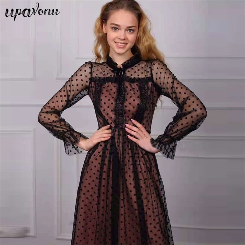 Free Sexy Black Polka Dot Lace Dress Stand Collar Long Sleeve Slim A-line Women Club Party Vestido 210524