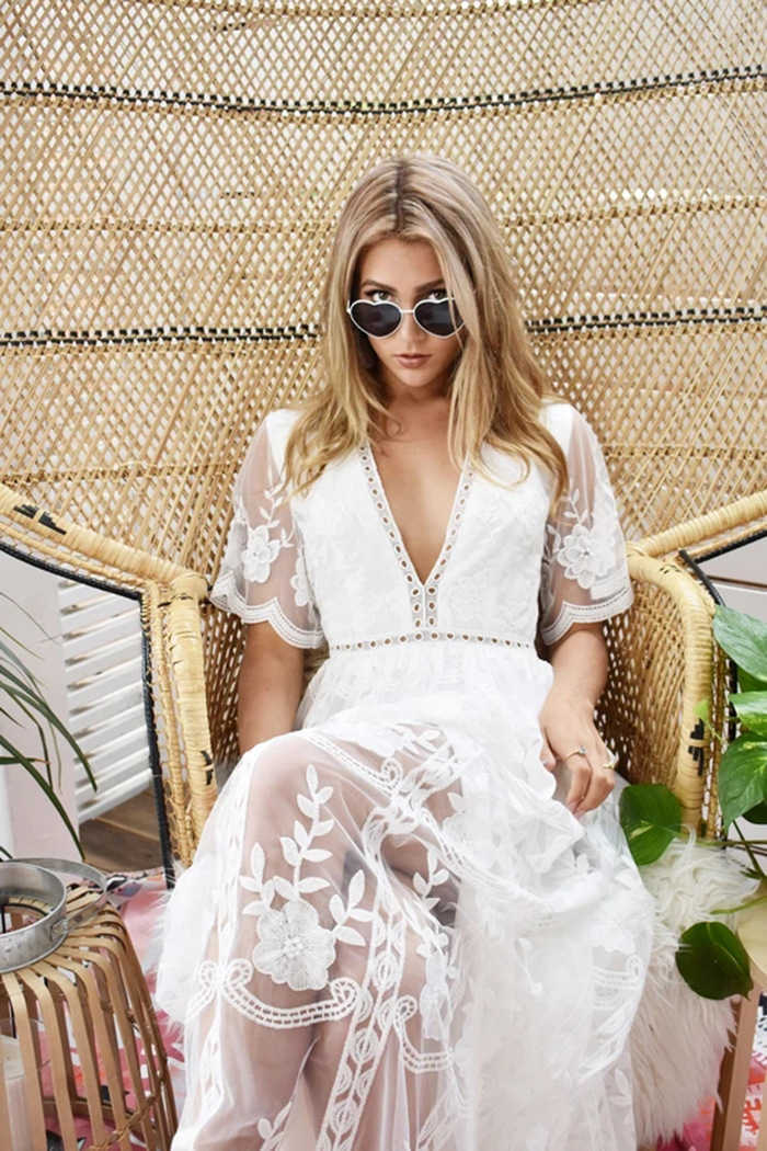 Women Dress Deep V Neck Short Sleeve Bohemian es Temperament Lace High Waist Large Hem Loose Casual es 210524