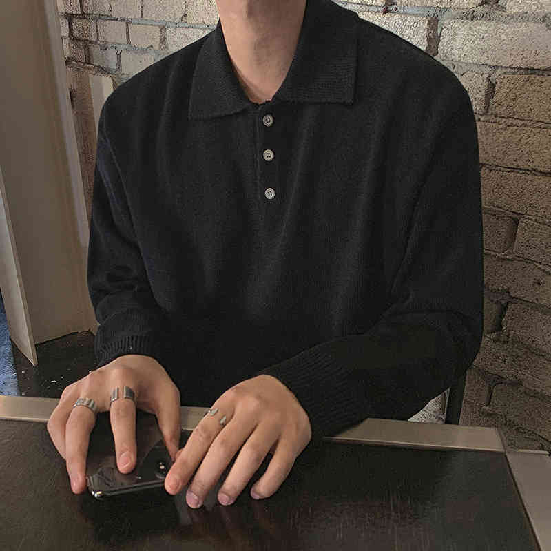 IEFB Spring And Autumn loose polo collar lightweight kintted sweater for men Korean style long sleeve basic kintwear for male 210524