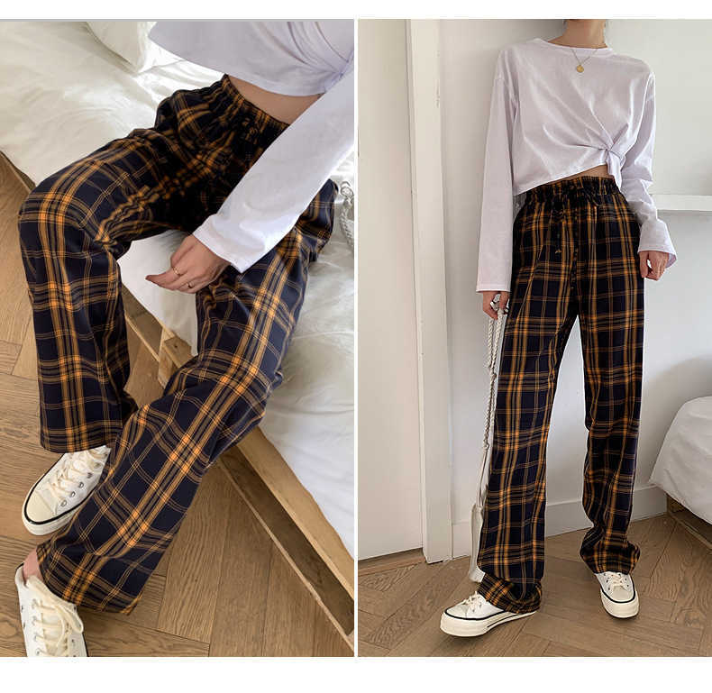 H.SA Women Spring Plaid Trousers Baggy Long Pants Lady Oversized Wide Leg Plaid Pant Casual High Waist Women Pantalon Femme 210716