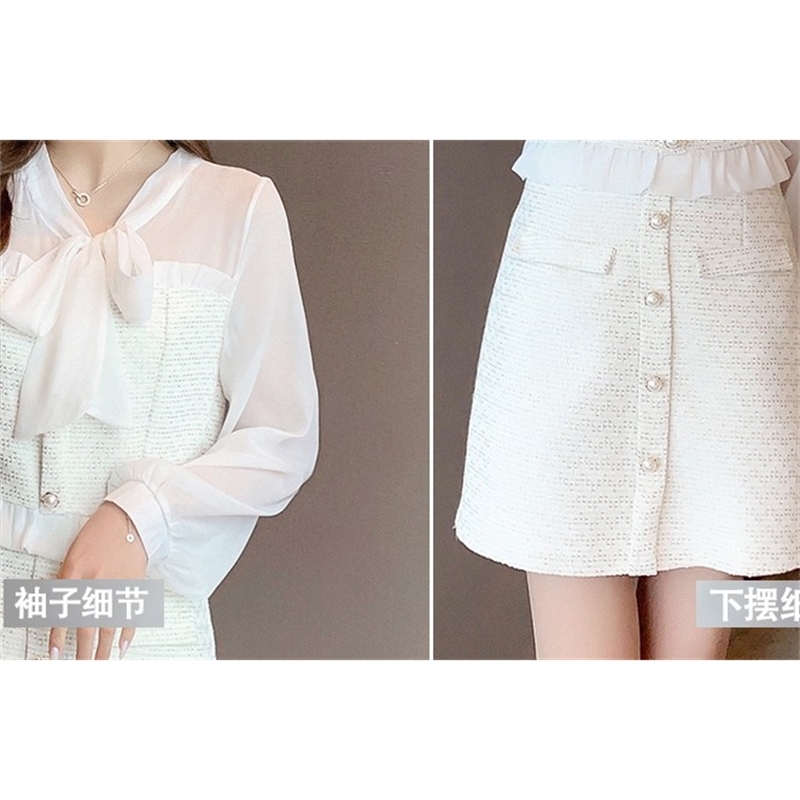 Fall Two piece set Women Chiffon Patchwork Tweed Bowknot Long Sleeve Ruffles Shirt Top + A-line Mini Skirt Suits 210519