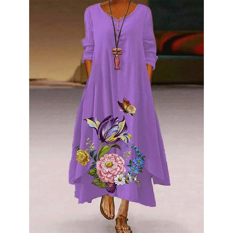 New Product Printed Long Sleeve Dress Ladies Irregular Hem Long Dress, Black;gray