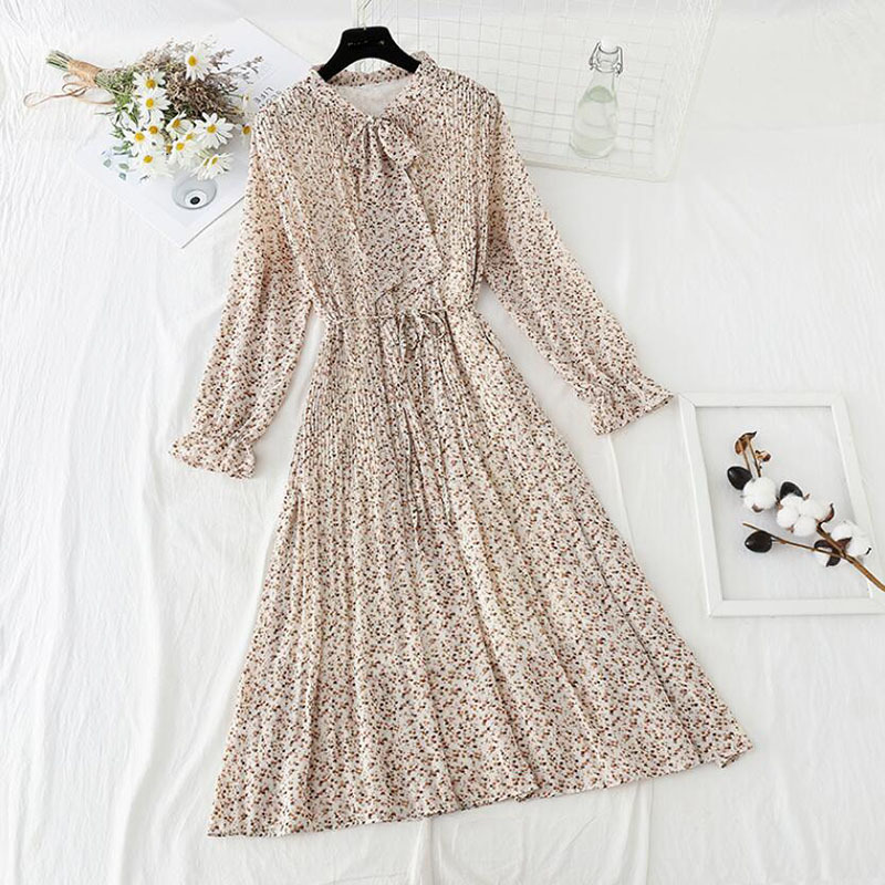 Spring Chiffon Floral Dress Women Vintage Long Sleeve Female Pleated Midi Dress Elegant Sashes Party Vestidos Femme 210521