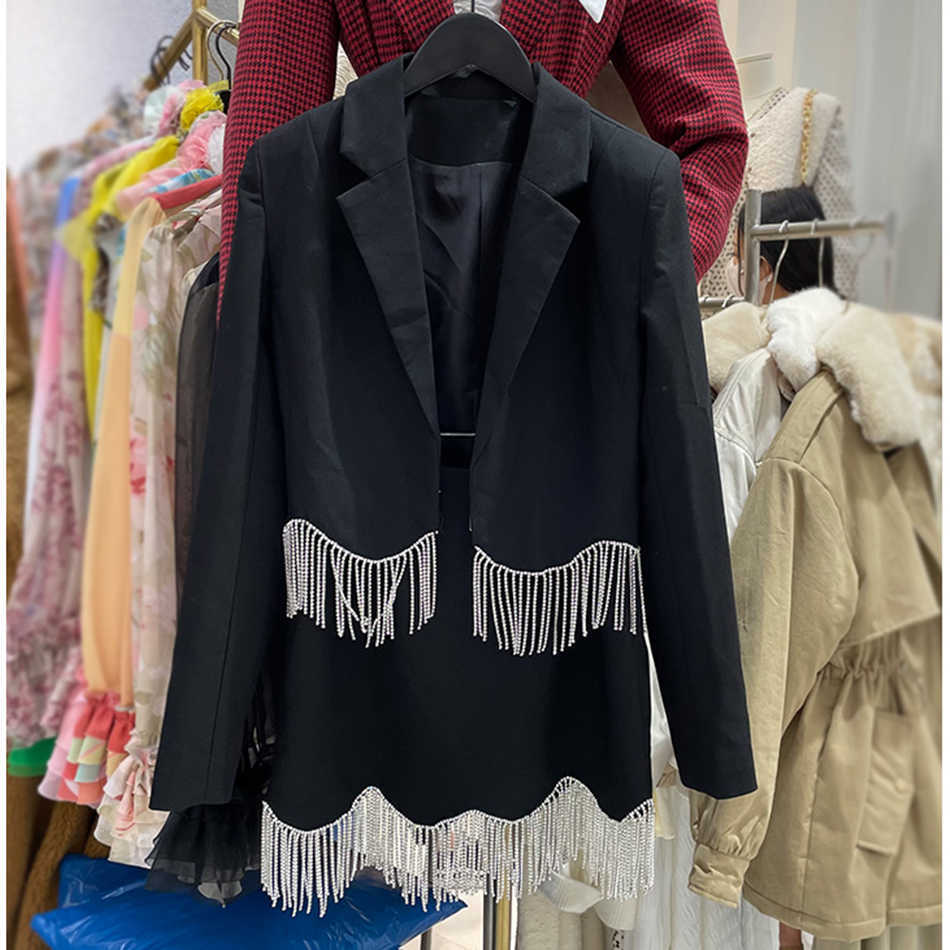 Summer Fashion Patchwork Tassel Suit Runway Ladies Long-Sleeved Short Top Line Skirt Black Two-Piece Female 210527