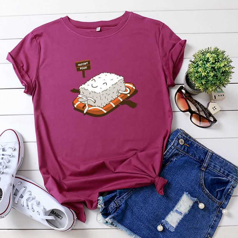 100% Cotton Cute Sushi Print Women T-Shirt Casual Loose Short Sleeve Fashion Harajuku Ladies Tees Top W878 210526