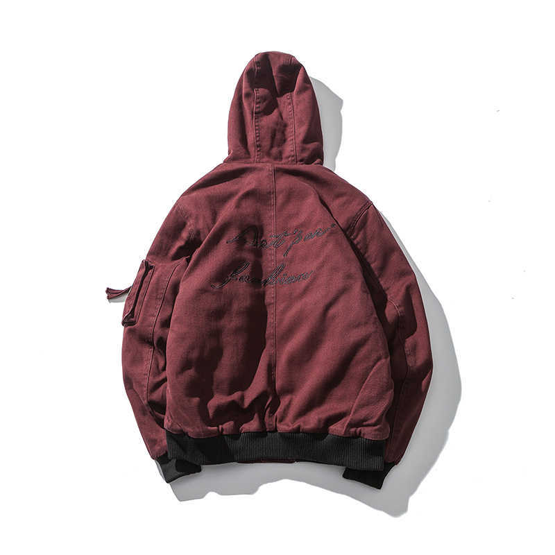 Men Winter Thicken Streetwear Casual Hooded Jacket Coat Men Outwear Embroidery Japanese Style Cargo Jackets Red Male 210603