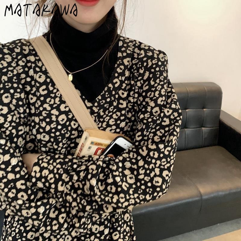 MATAKAWA Hepburn style puff sleeve dress French slim waist femme robe leopard print floral bottoming temperament vestido 210513