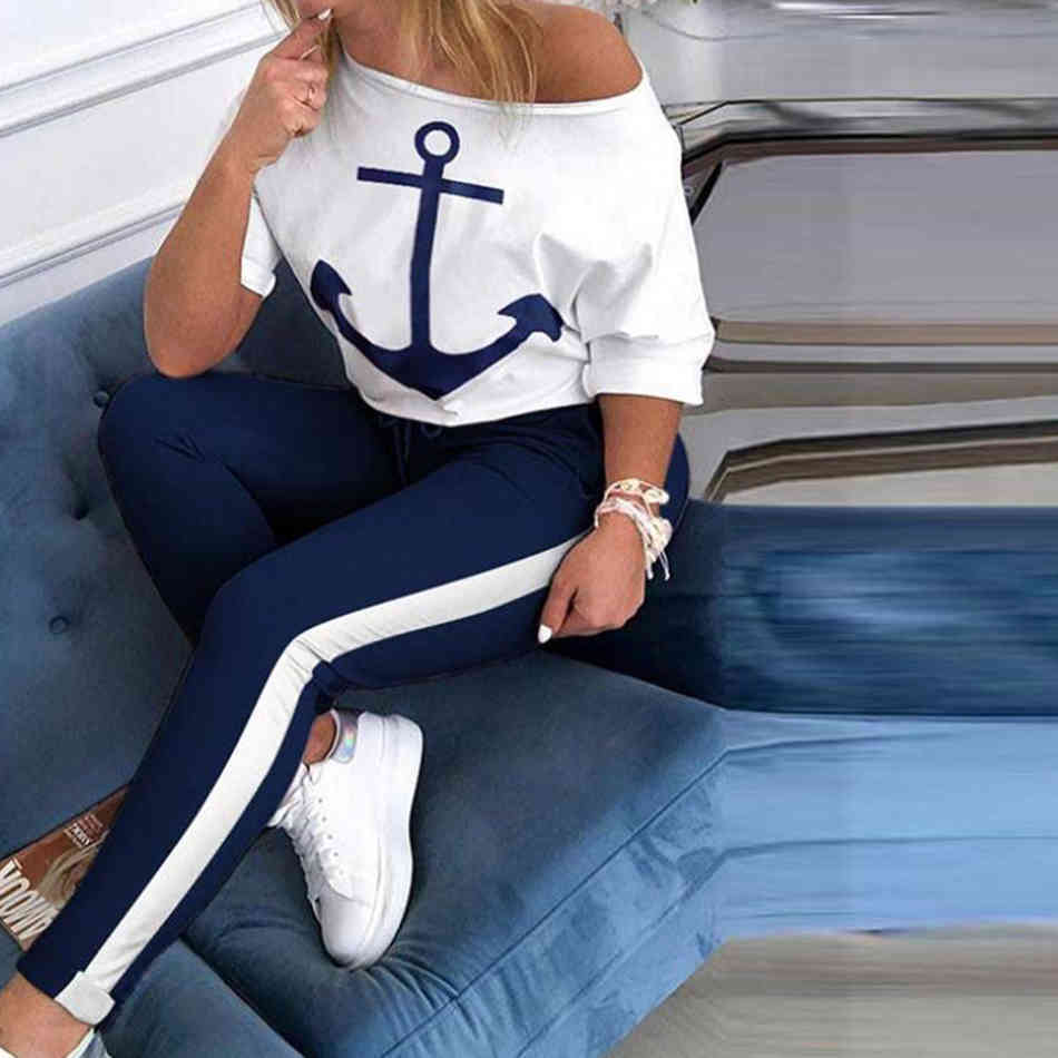 Free Summer Leisure Sports Suit Women's Round Neck Short Sleeve Anchor Print T-shirt & Two-piece Elastic Pants 210524