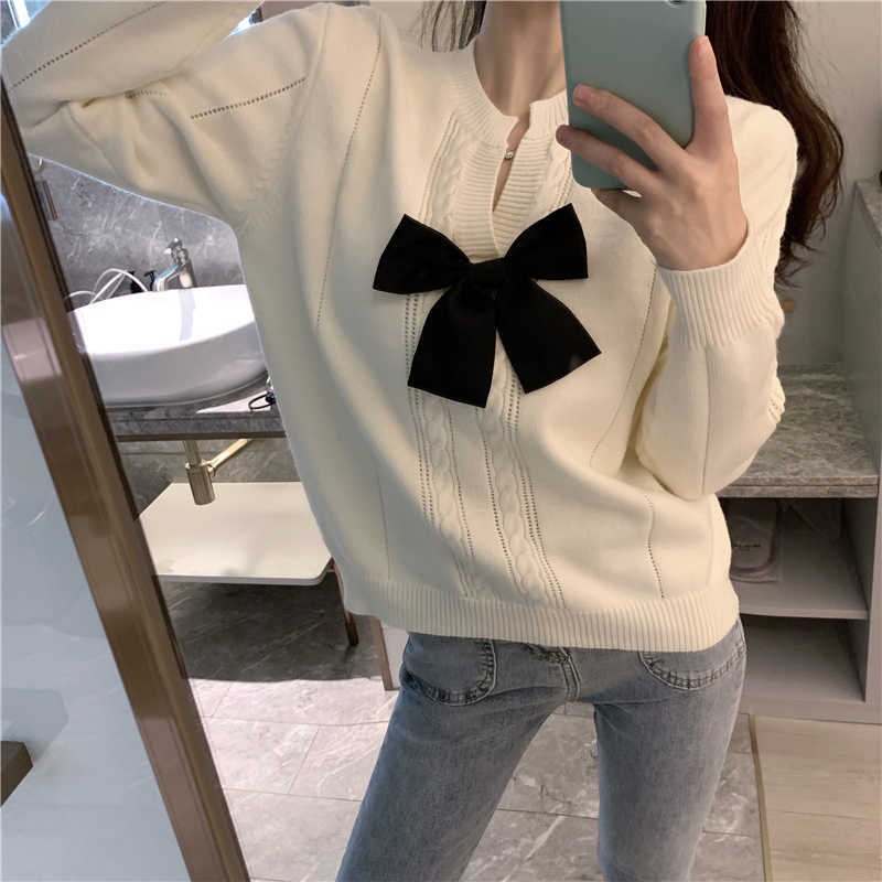 Long Sleeve V-neck Sweet Bowknot Knitwear Causal Korean Women Sweater Spring Pullover Knitted Tops 6E752 210603