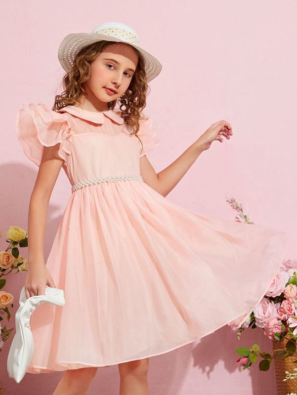 Girls Peterpan Collar Pearls Beaded Layered Sleeve Dress SHE