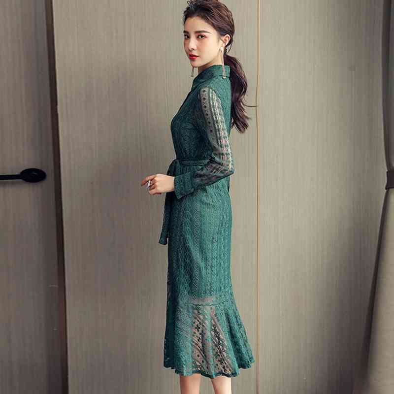 Spring Elegant Women Vintage Lace Long Sleeve Dresses High Waist Casual Slim Green Trumpet Mermaid Vestidos 210520