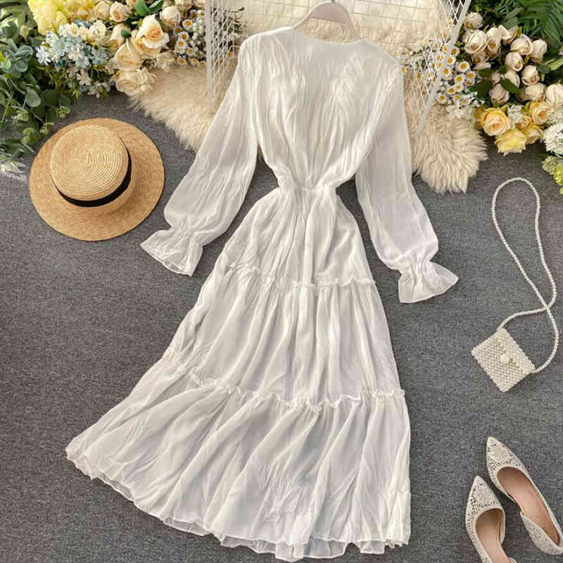 Pink Party Dress Women Spring Summer Elegant Long Sleeve V-neck Folds Chiffon Dress High Waist Vintage Solid Midi Dresses 210521