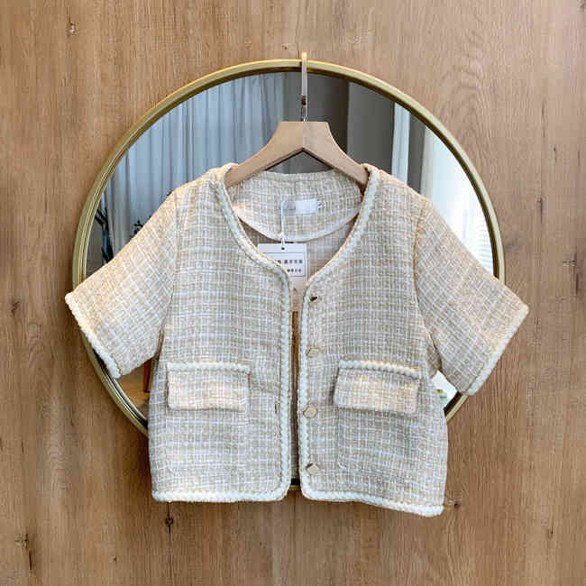 Coats & Jackets Summer Chic Korean V Neck Short Sleeve Plaid Woman Jacket Thin Wild Fashion Elegant Office Lady Sexy Sweet 210429