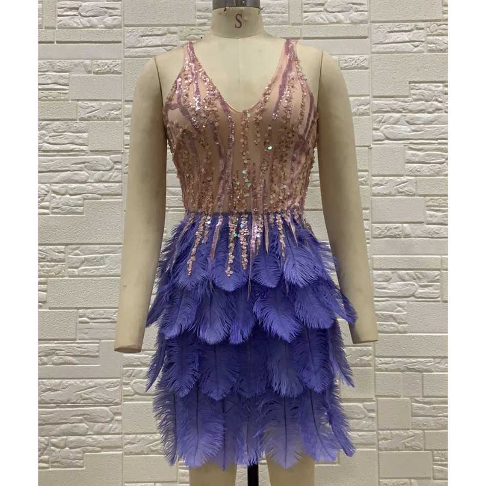 Summer High Quality Purple Mini Sequined Feather V-Neck Fashion Tight Dress Nightclub Party 210527