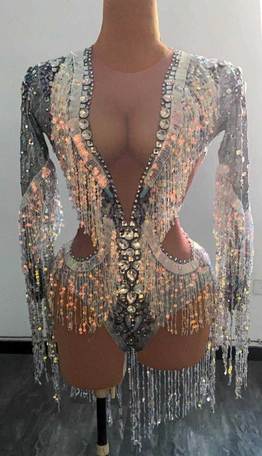 Sparkling Silver Sequin Tassel Party Bodysuit Women Stretch Dance Fringes Jumpsuit Club Bar Singer Leotard Stage Wear 210622