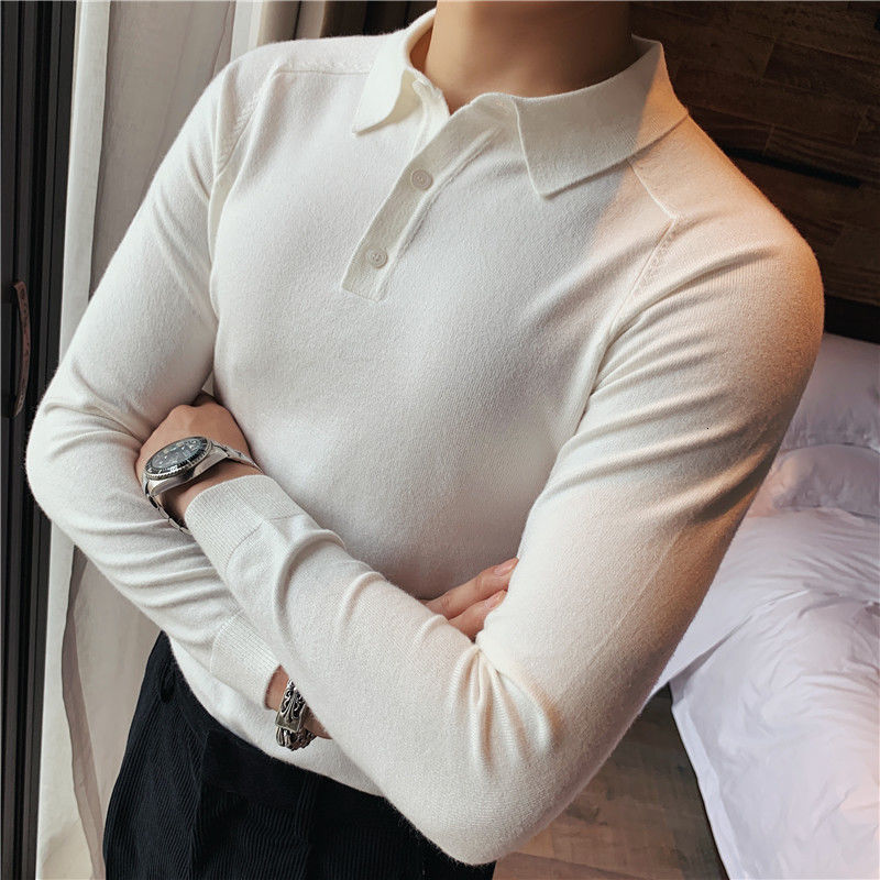 IEFB Spring Men's Trend Slim Lapel Solid Color Knitting Bottomed Polo Shirt Long Sleeve Causal Black Tops 9Y6675 210524