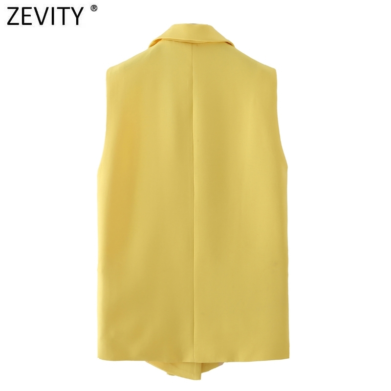 Zevity Women Fashion Sleeveless Yellow Vest Jacket Office Ladies Business Casual Suits WaistCoat Pockets Outwear Tops CT683 210419