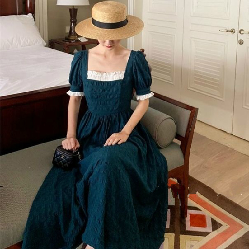 French Retro Long Fairy Dress Women Blue Square Collar Female Puff Sleeve Elegant Dress Summer Ladies Wedding Party Clothes 210331Z