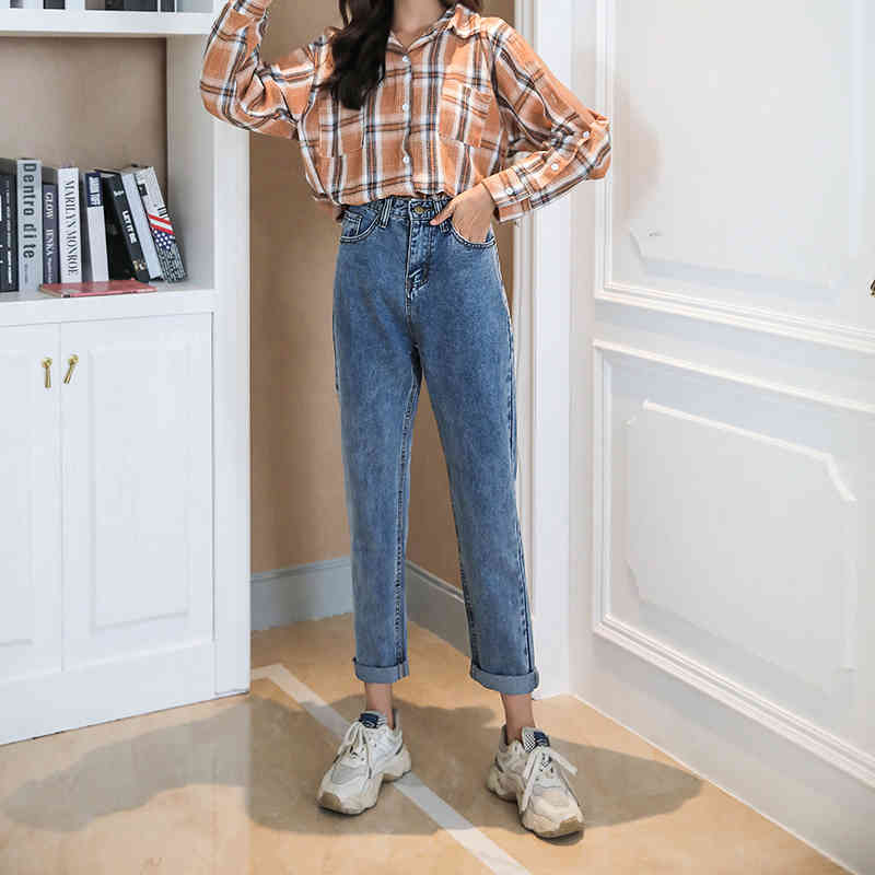 Loose Denim Casual Vintage Blue Jeans Women Spring and Autumn Fashion High Waist Straight Harem Pants Trousers 10827 210417
