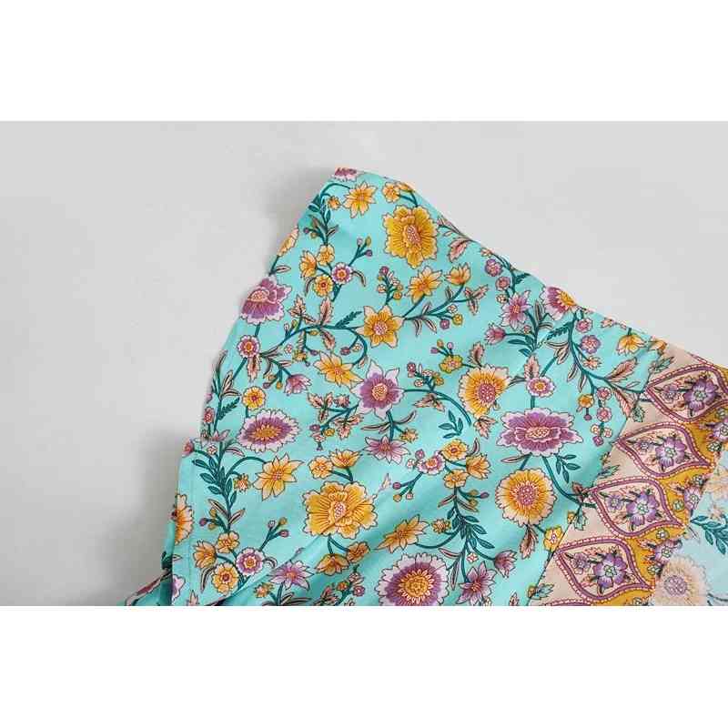 Bohemia Buttons Contrast Color Floral print Dress Summer Holiday WomanShort Sleeve Adjust Strappy Maxi Long Beach 210429