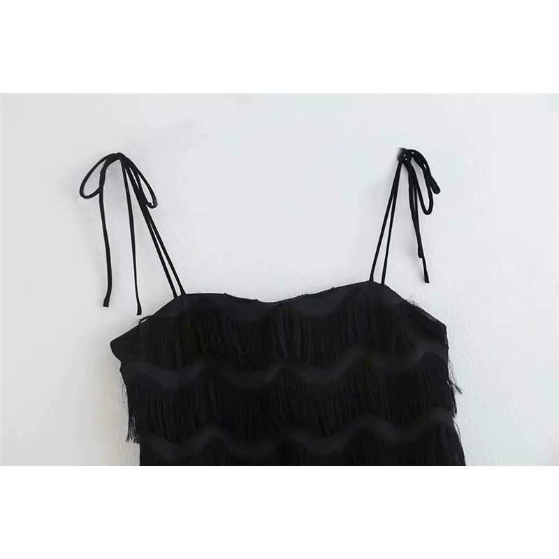 Sexy Women Cascading Tassels Chiffon Dresses Fashion Ladies Sweet Black Strap Dress Elegant Female Chic Mini Vestidos 210430