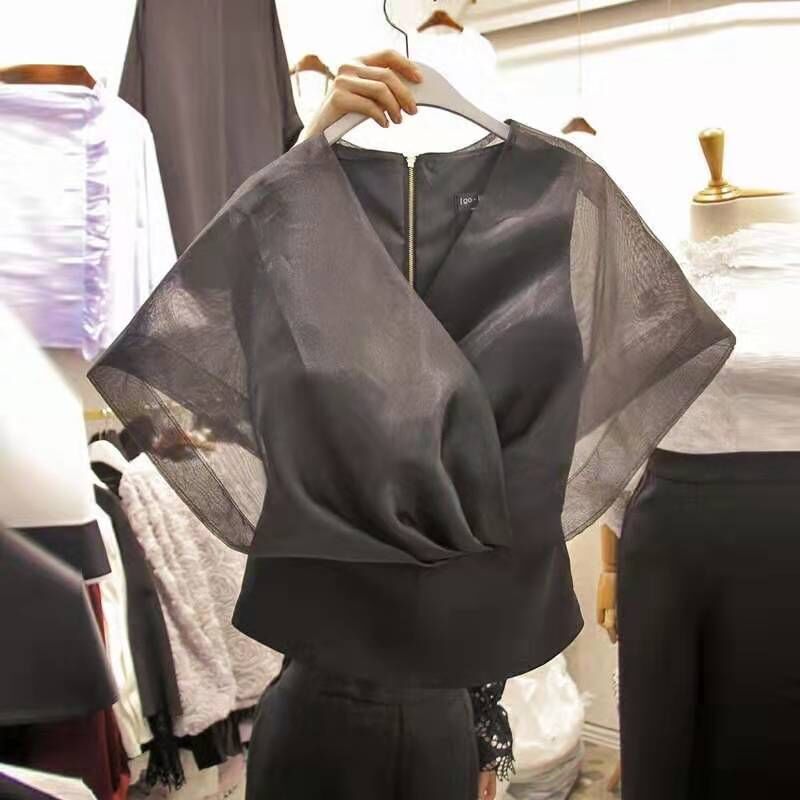 Korean Style Women Shirts New Summer Temperament V-neck Ladies Blouses and Tops Short Sleeve Chiffon Stitching Shirts 210421